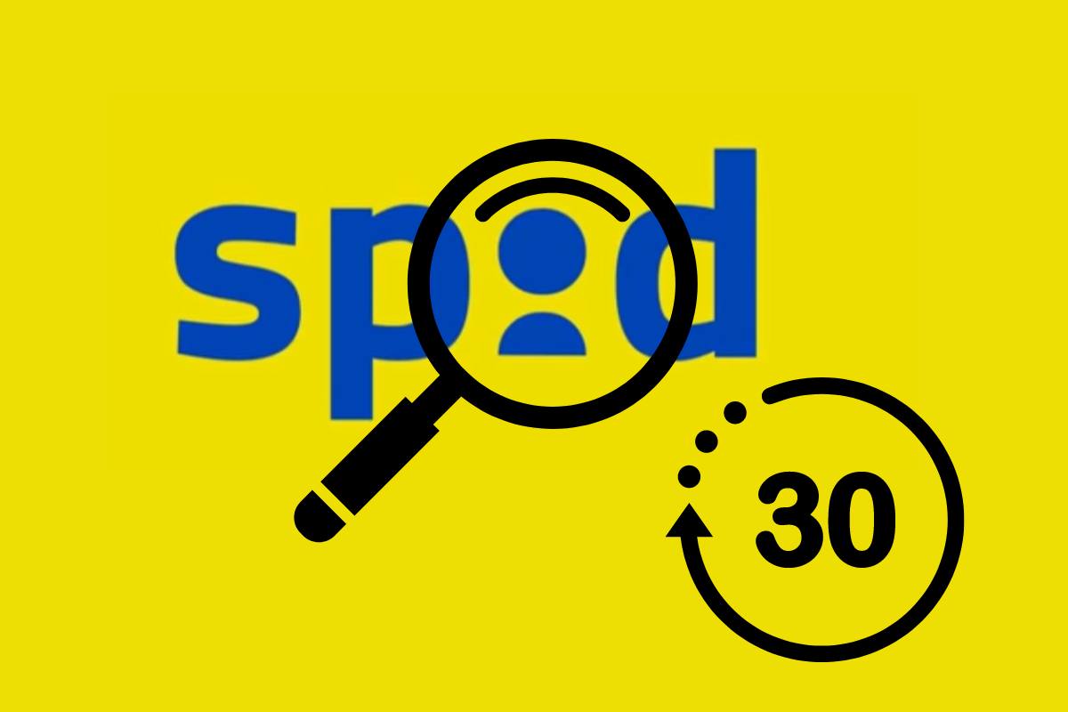 scritta azzurra spid su fondo giallo con lente di ingrandimento e numero 30 in basso