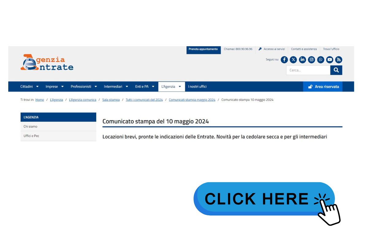 Screen comunicato agenzia delle entrate e scritta clicca qui